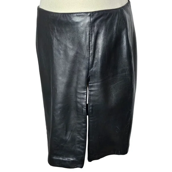 Siena Studio Black Genuine Leather Mini Skirt Front Slit Size 10 Pencil Skirt - Picture 2 of 8